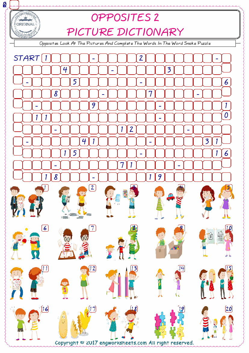  Check the Illustrations of Opposites english worksheets for kids, and Supply the Missing Words in the Word Snake Puzzle ESL play. 